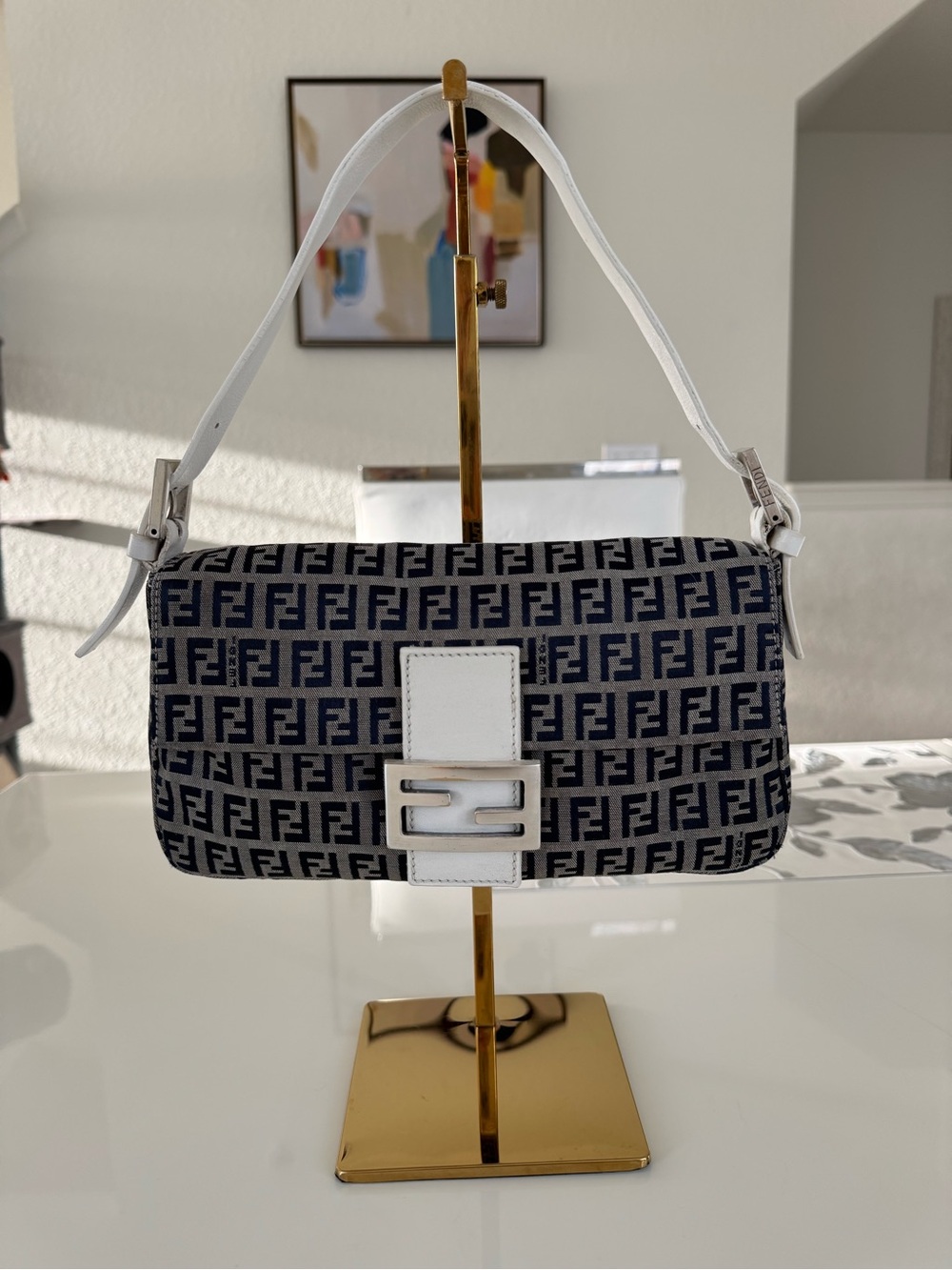 Vintage Fendi Baguette Zucca Monogram Shoulder Bag White Leather